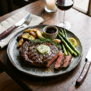 Grilled steak with herb butter, roasted potatoes, asparagus, lemon, sauce, and glass of red wine